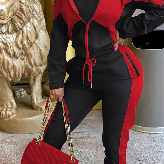 Colorblock Zipper Coat & Drawstring Pants Set