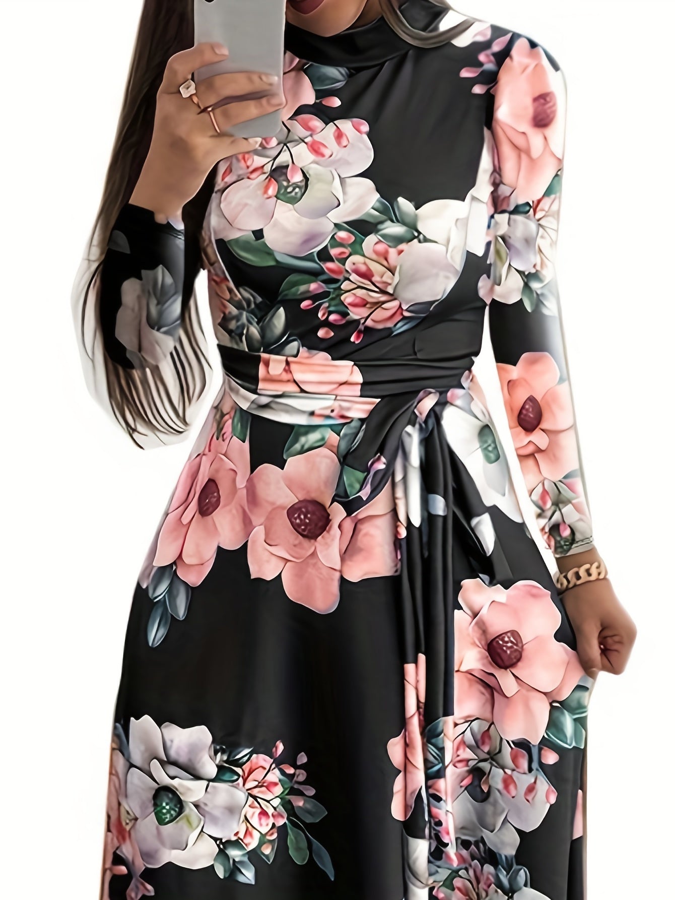 Floral Print Maxi Dress Women's Plus Round Neck Fit And Flare