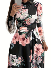 Floral Print Maxi Dress Women's Plus Round Neck Fit And Flare
