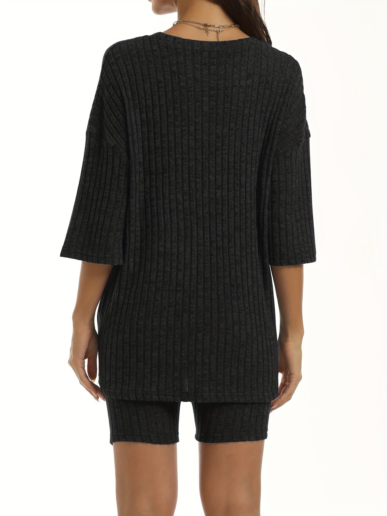 Solid Ribbed Knit Top & Shorts Two Piece Set