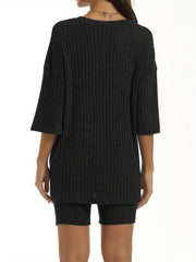 Solid Ribbed Knit Top & Shorts Two Piece Set