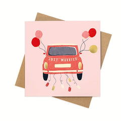 Foil Red Car Just Married Wedding Greeting Card - Newly Weds or Bride and Groom