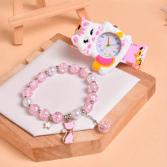3D Cartoon Cat Silicone Watch for Girls with Beaded Cat Bracelet Set