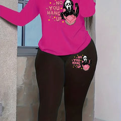 Halloween 2 Piece Set Slogan & Skull Print Long Sleeve