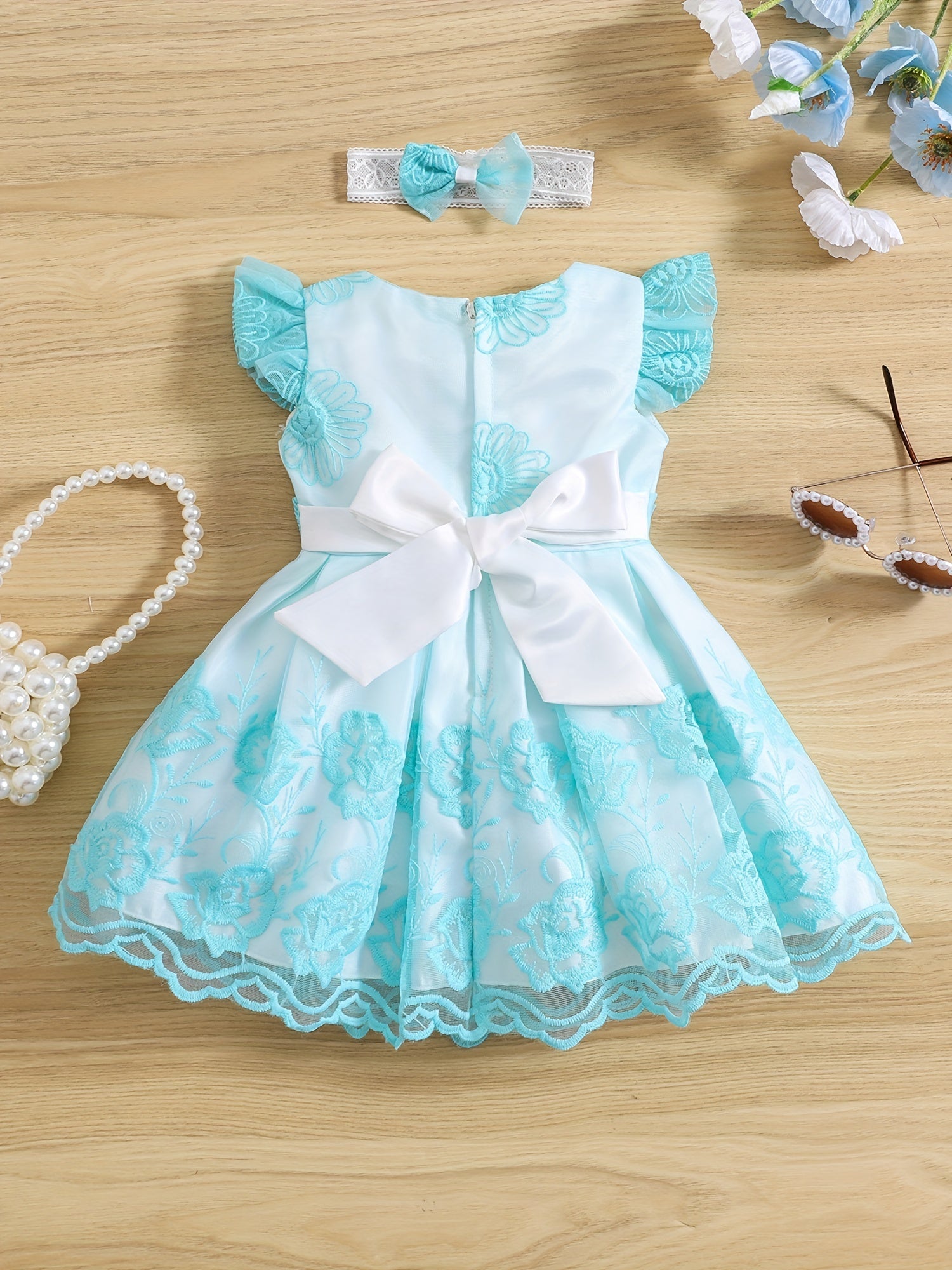 2pcs Baby Girls Embroidered Flowers Ruffled Sleeves Mesh Dress Princess Dresses