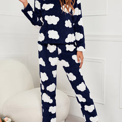 Cloud Print Fuzzy Pajama Set Long Sleeve Crew Neck Top & Elastic Waistband Pants