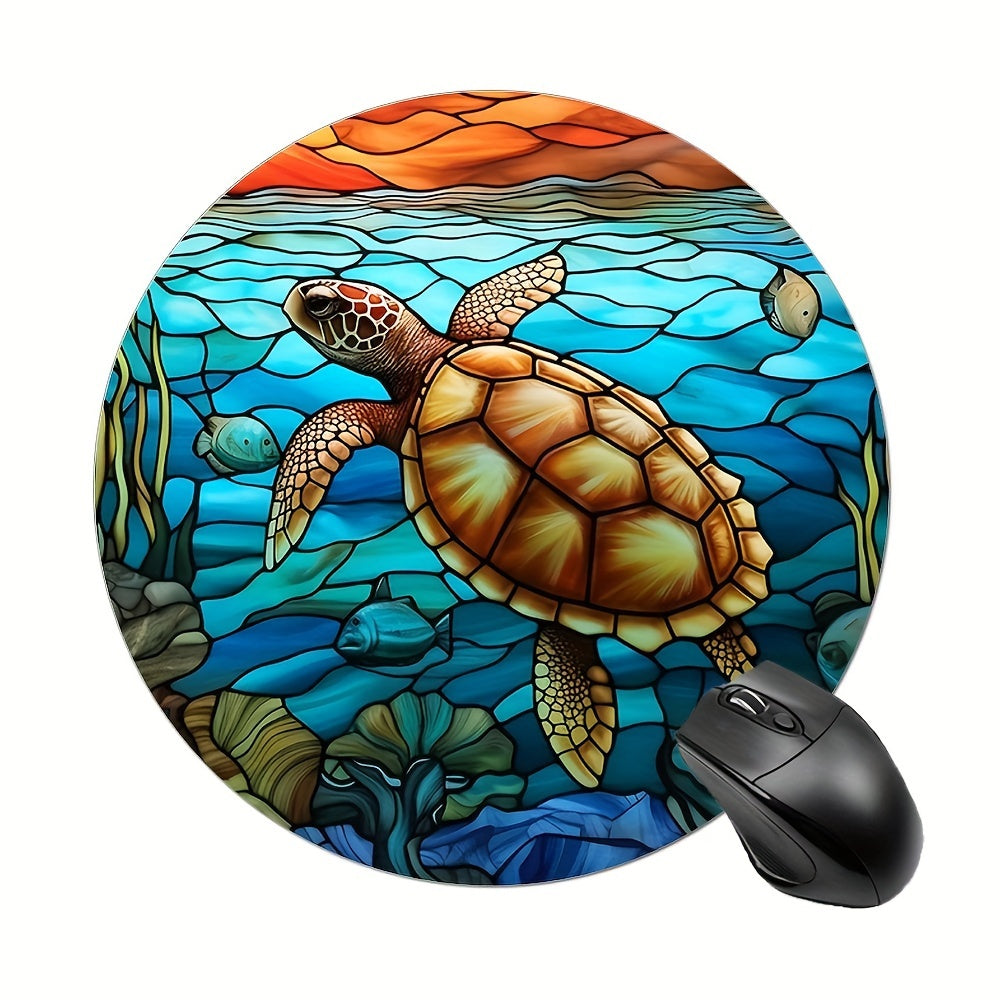 Stained Glass Sea Turtle Round Mouse Pad - Non Slip Rubber Base