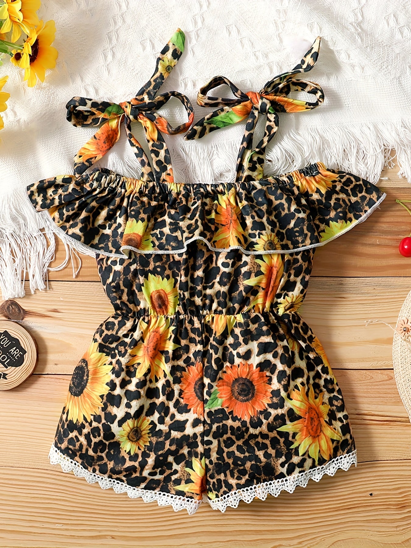 Leopard & Sunflower Pattern Romper w/ Ruffle & Lace for Kids - Spring Summer