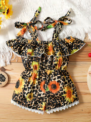 Leopard & Sunflower Pattern Romper w/ Ruffle & Lace for Kids - Spring Summer