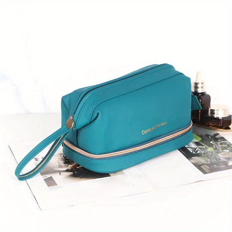 Double Layer Large Capacity Cosmetic Bag with Brush Organizer for Women