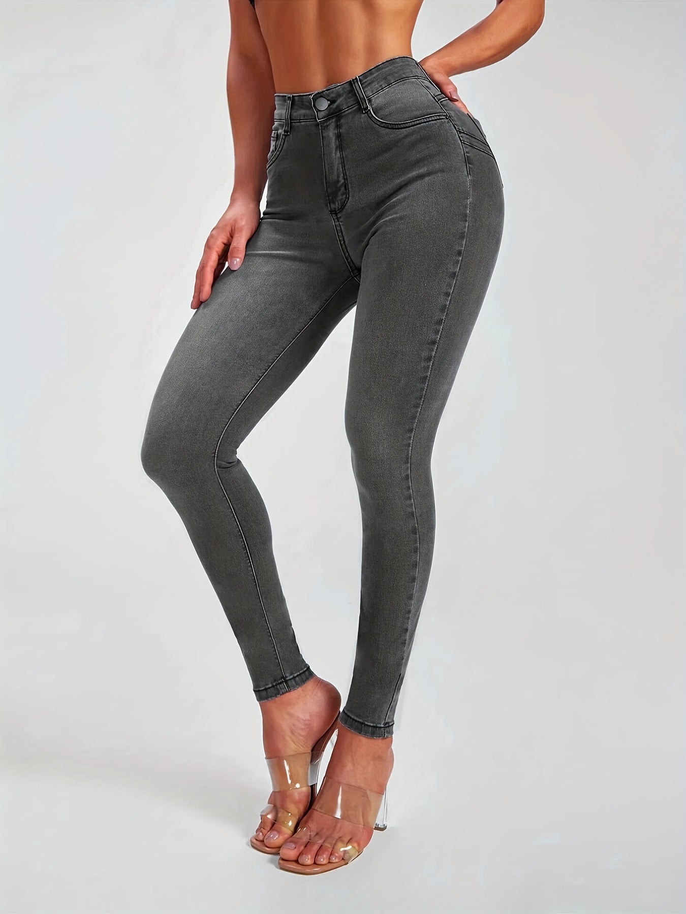 High Rise Stretchy Grey Skinny Jeans Tight Fit Denim Pants Women's Jeans