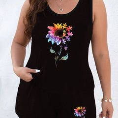 Loungewear Set Sunflower & Puzzle Print Tank Top & Shorts Pajam