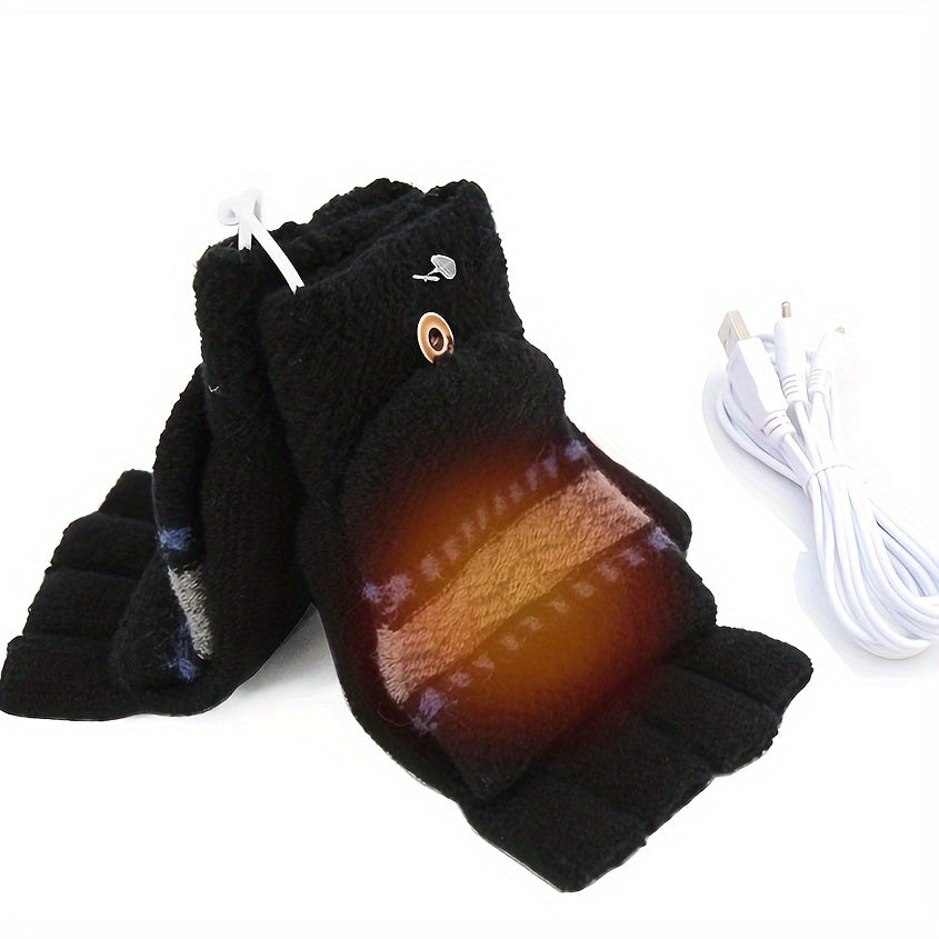 USB Heated Gloves Winter Mittens Knitting Fingerless Hand Warmer