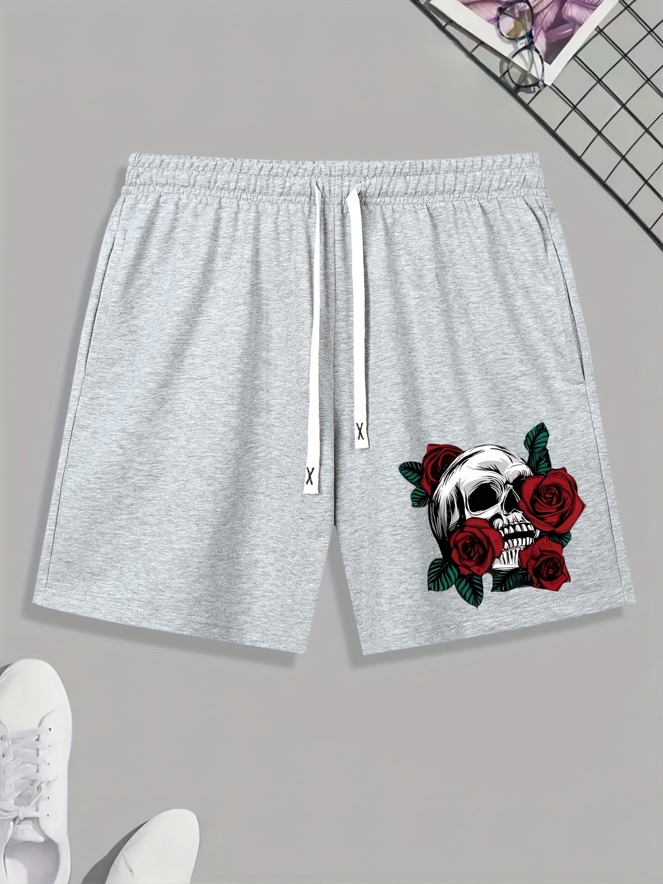 Skull & Rose Print Men's Activewear Drawstring Shorts