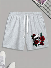 Skull & Rose Print Men's Activewear Drawstring Shorts