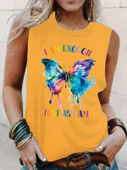 Butterfly Print Tank Top Sleeveless Crew Neck Casual Top