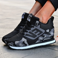 Women's Camo Sports Shoes Knitted Lace Up Height Increasing Walking Sneakers