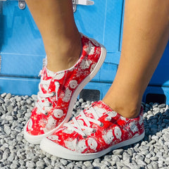 Christmas Canvas Shoes Round Toe Lace Up Flat Women's Shoes