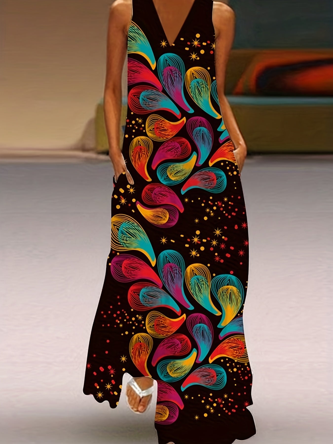 Floral Print V Neck Dress Sleeveless Summer Women's Clothing