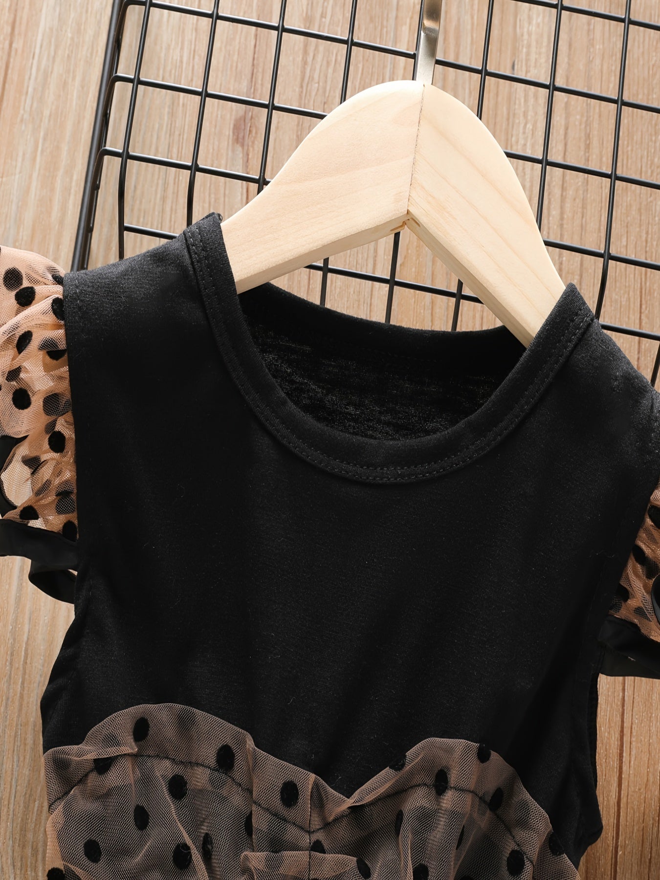Baby Girls Ruffled Mesh Splicing Dress Short Sleeves Round Neck Polka Dots Print