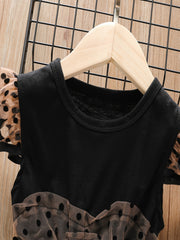 Baby Girls Ruffled Mesh Splicing Dress Short Sleeves Round Neck Polka Dots Print