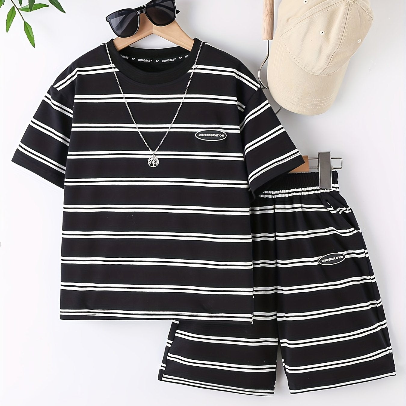 Boys Block Striped Outfit Shorts & T shirt Crew Neck Casual Summer Clothes