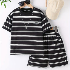 Boys Block Striped Outfit Shorts & T shirt Crew Neck Casual Summer Clothes