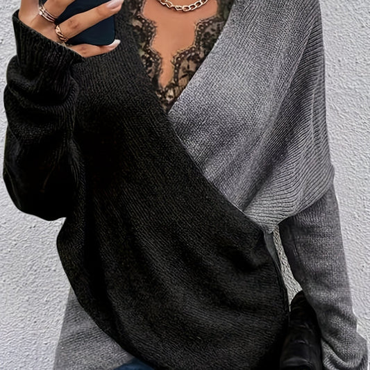 Contrast Lace Block Knit Sweater V-Neck Long Sleeve Casual Pullover
