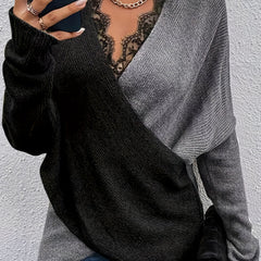 Contrast Lace Block Knit Sweater V-Neck Long Sleeve Casual Pullover
