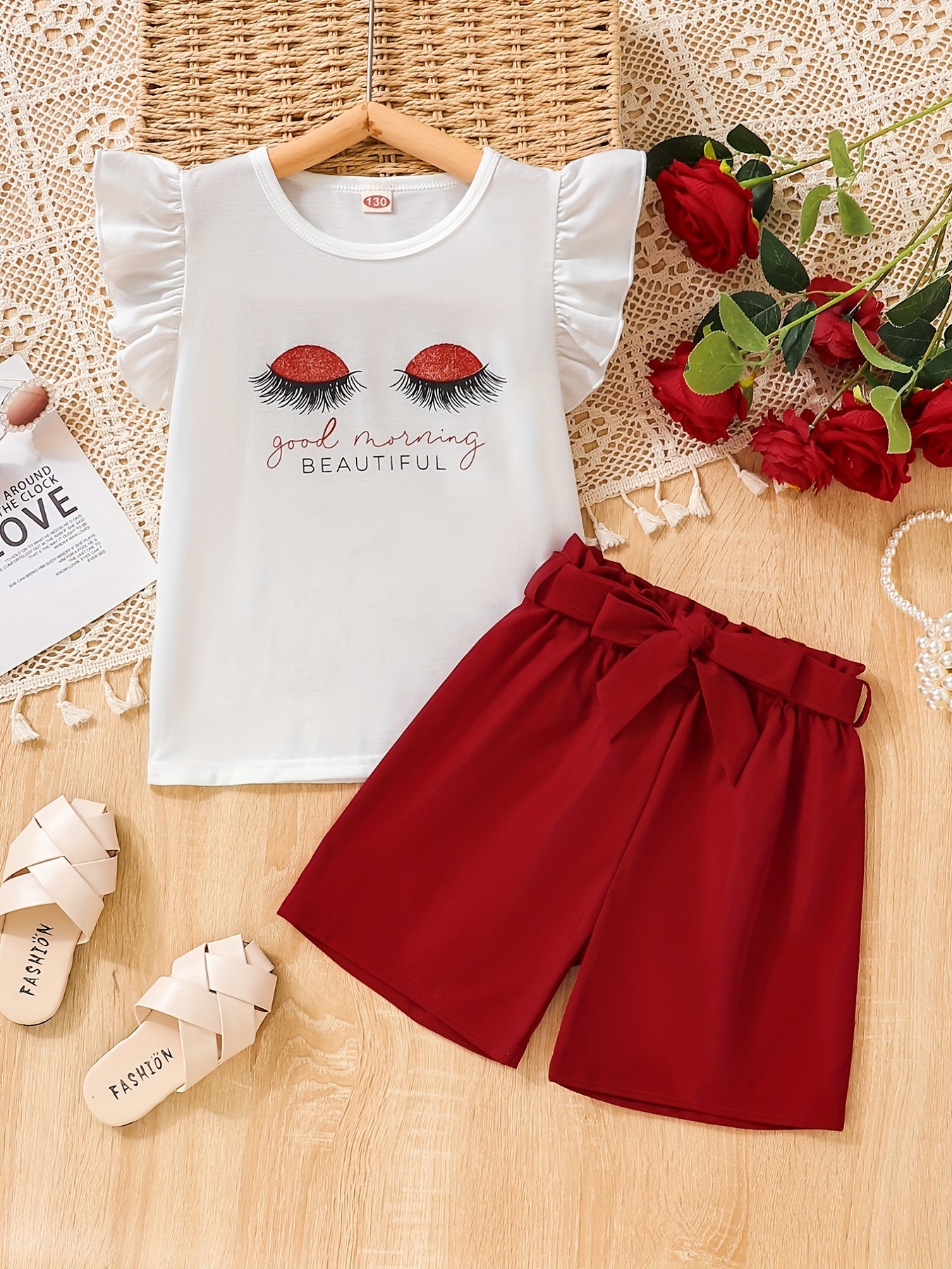 2pcs Girls Eyelash Ruffle Sleeves Top & Shorts Set Kids Summer Clothes