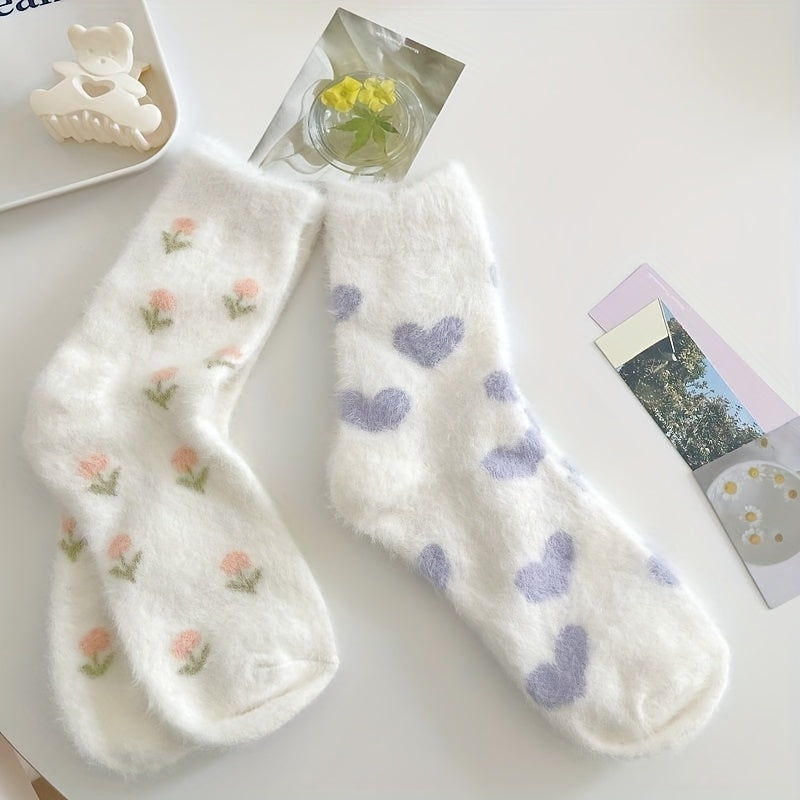 6-Pair Floral Print Fuzzy Warm Socks Women's Stockings & Hosiery