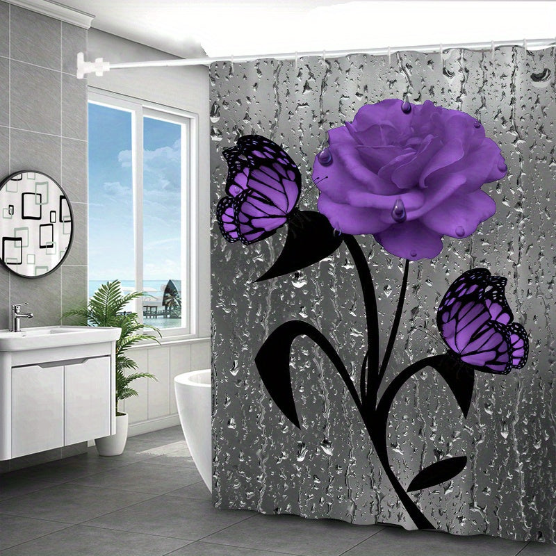 Waterproof Purple Rose and Butterfly Shower Curtain