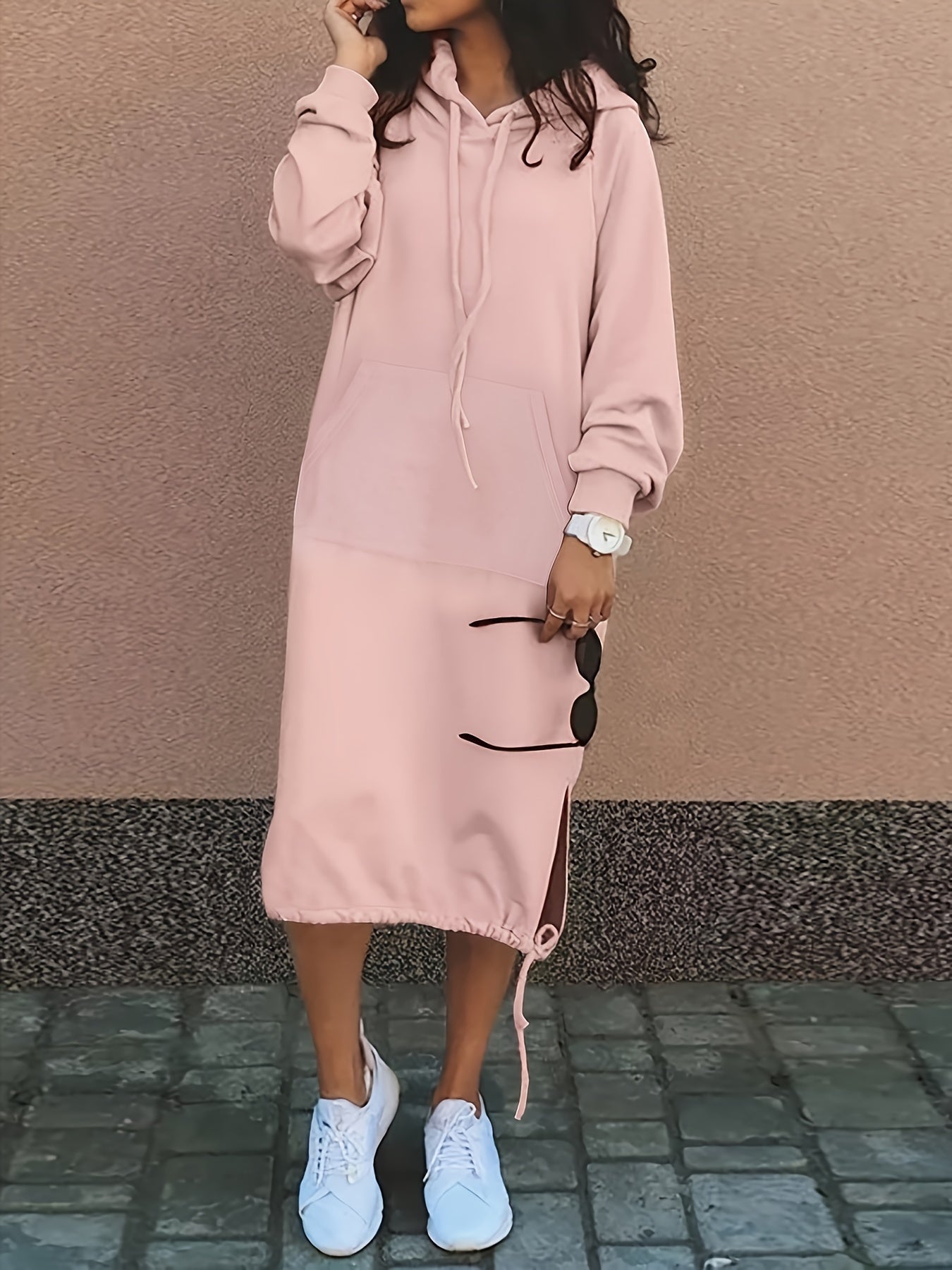 Long Sleeve Hooded Sweatshirt Dress With Pockets