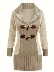 Colorblock Cable Button V-Neck Mini Sweater Dress