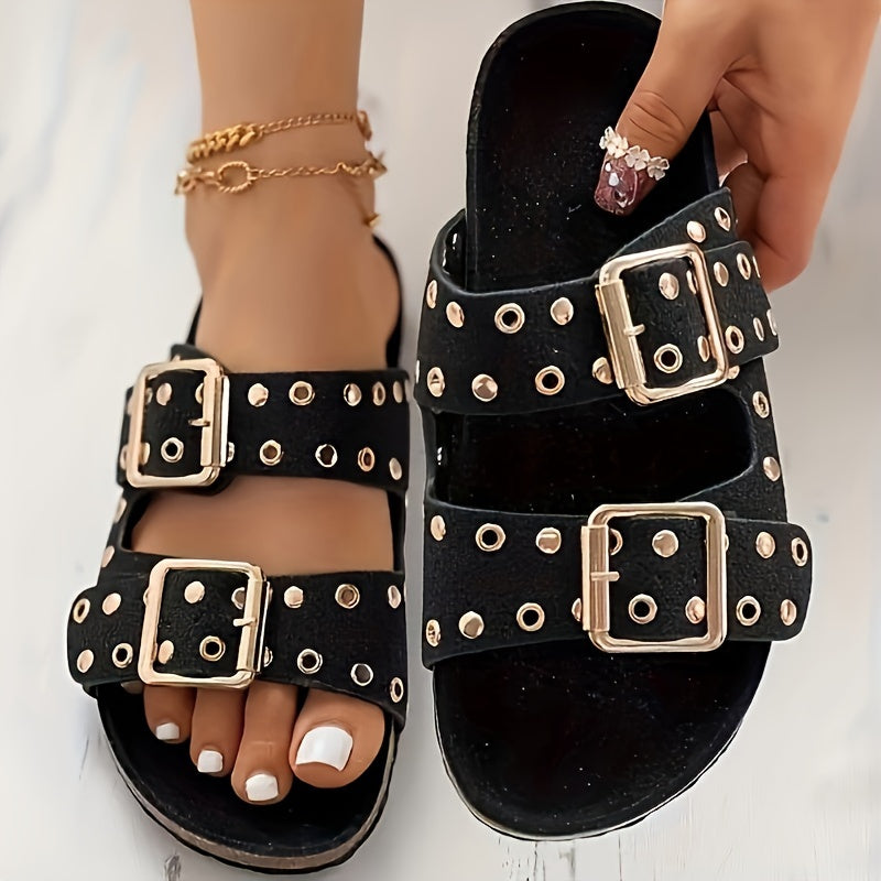 Women's Eyelet Double Buckle Cork Footbed Slides Sandals