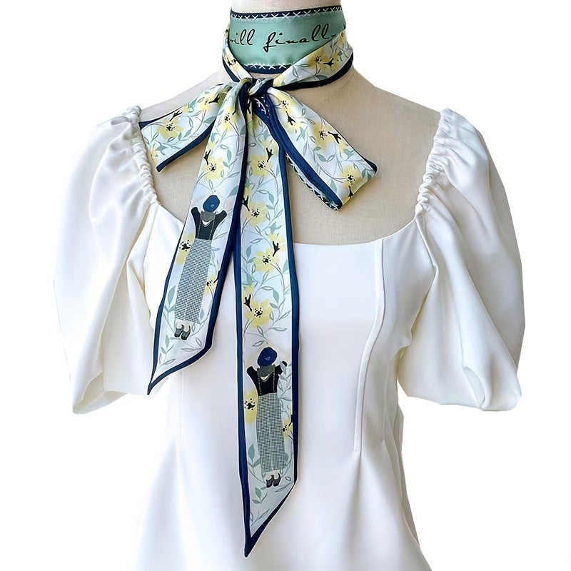 Long Ribbon Scarf Silk Floral Print Skinny Scarf Ribbon Necktie