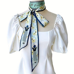 Long Ribbon Scarf Silk Floral Print Skinny Scarf Ribbon Necktie