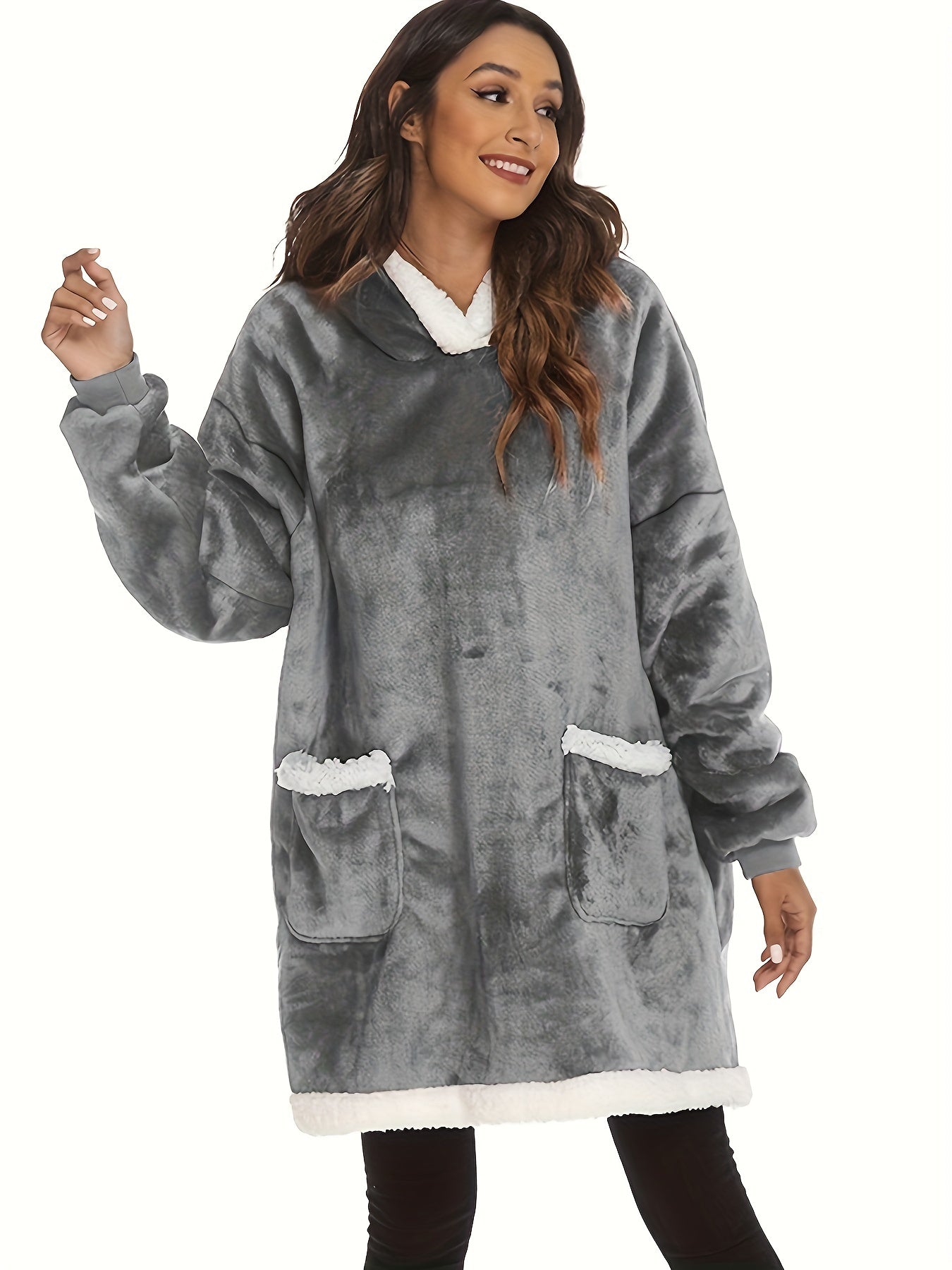 Sherpa Fleece Hooded Robe with Sleeves & Pockets