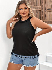 Casual Ribbed Halter Neck Tank Top with Fringe Trim