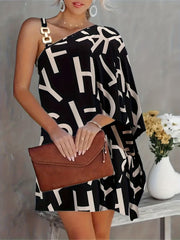 Colorblock One Shoulder Bat Sleeve Chain Dress