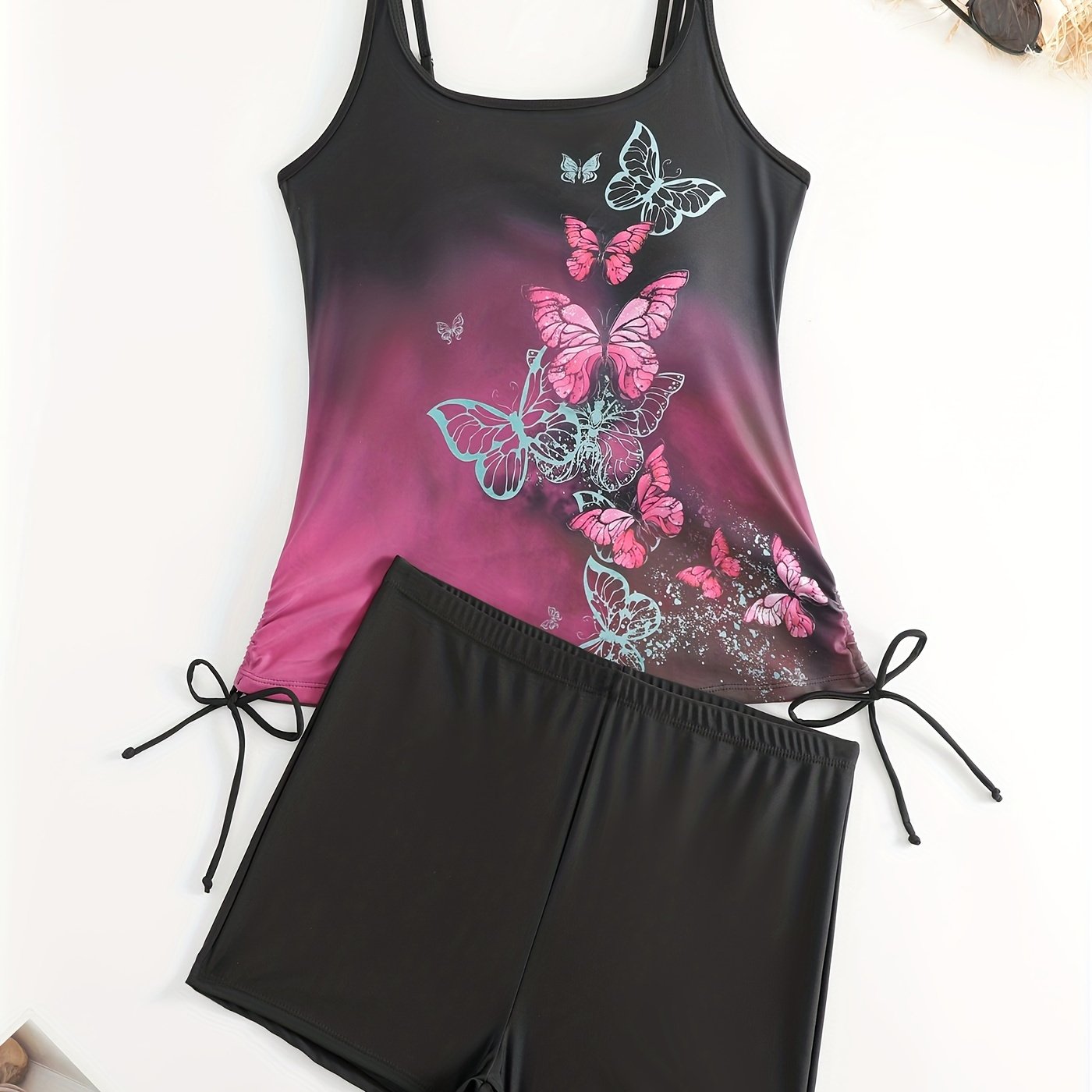 Ombre & Butterfly Print Lace Up Tankini Set