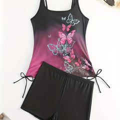 Ombre & Butterfly Print Lace Up Tankini Set