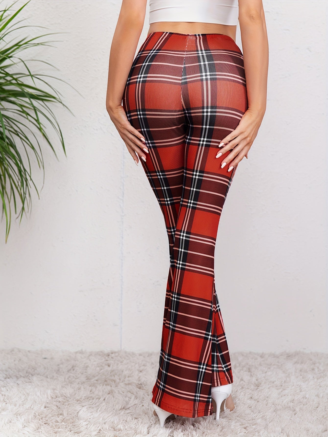Plaid Stretch Flare Pants Fitness Yoga Bell Bottom Activewear