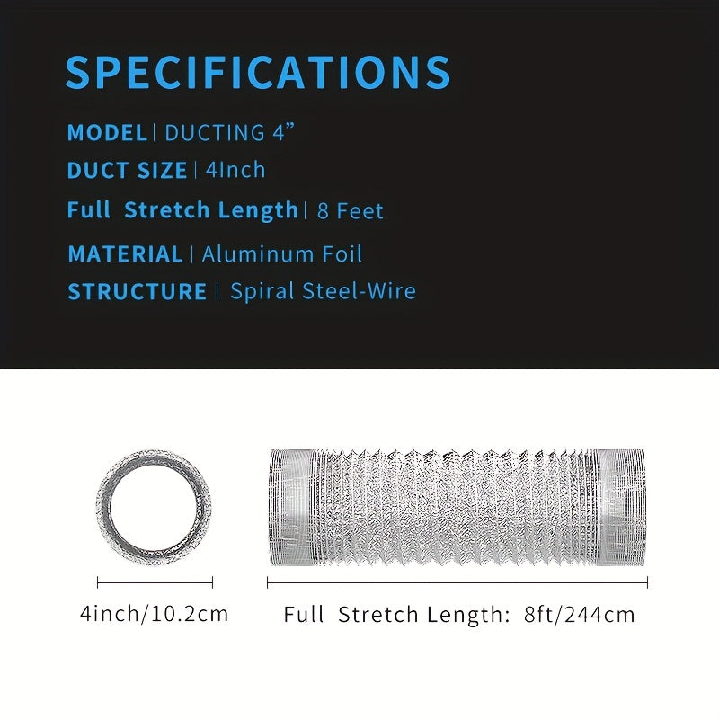 10-16cm Dryer Vent Hose Flexible Foil Non-Insulated, 8 Feet with 2 Clips
