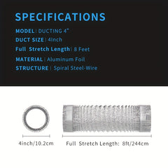 10-16cm Dryer Vent Hose Flexible Foil Non-Insulated, 8 Feet with 2 Clips