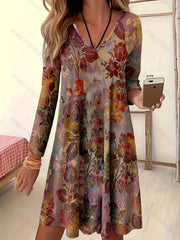 Floral Print Long Sleeve V Neck Casual Dress