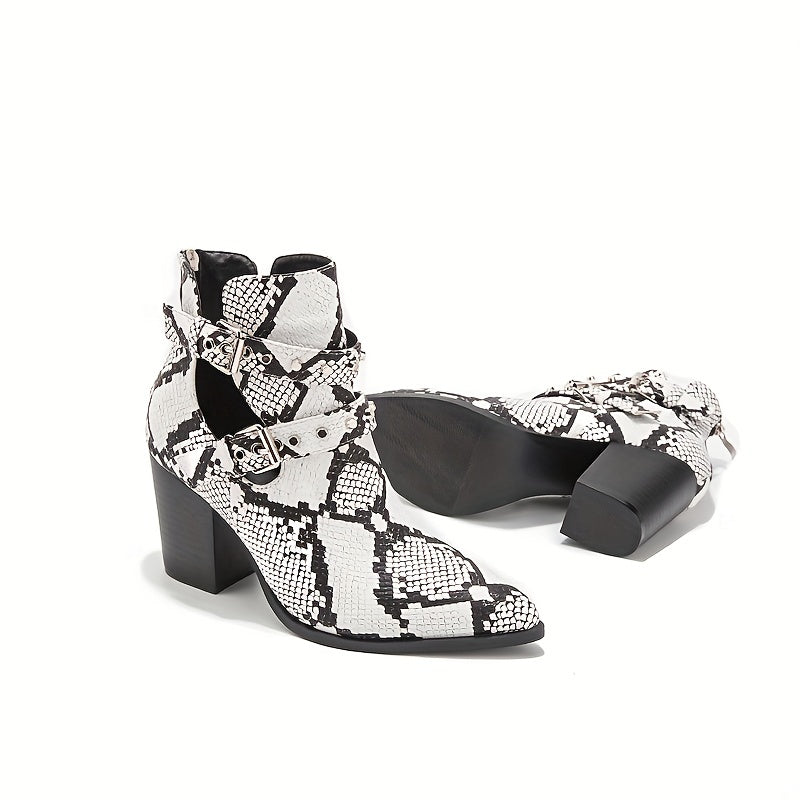 Snakeskin Ankle Boots Point Toe Back Zip Buckle Chunky Heel Shoes