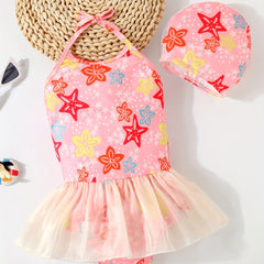 Toddler Girls Flowers Graphic Halter One Piece Swimsuit & Cap