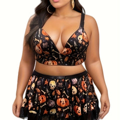 Skull & Pumpkin Print Lace Trim Bra & Skirt Set Halloween Costume