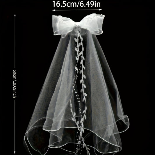 Bow Bridal Veil with Tassel & Leaf Pattern Double Layer Mesh Wedding Headpiece